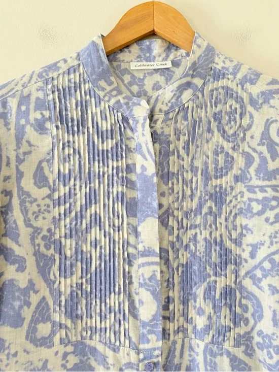 Coldwater Creek Linen Tunic Dress Blue White Paisley Print Pintuck Size M - Picture 3 of 13